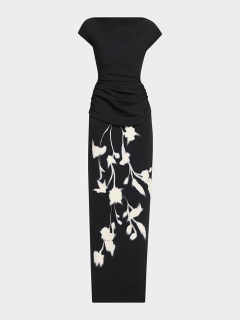 LELA ROSE Floral Crepe Boat-Neck Draped Column Gown