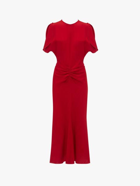 Victoria Beckham Exclusive Gathered V-Neck Midi Dress In Carmine