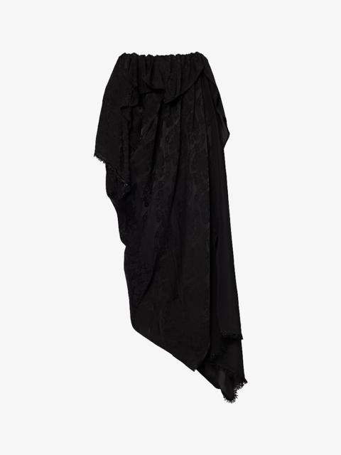 Asymmetric-hem jacquard-pattern woven midi skirt