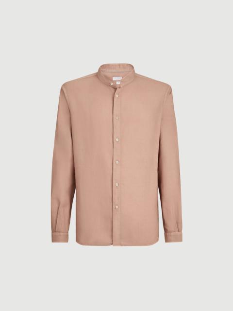 Brunello Cucinelli Garment-dyed easy fit shirt in cotton and linen pinpoint with Mandarin collar
