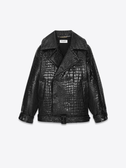SAINT LAURENT short trench coat in crocodile-embossed lacquered viscose