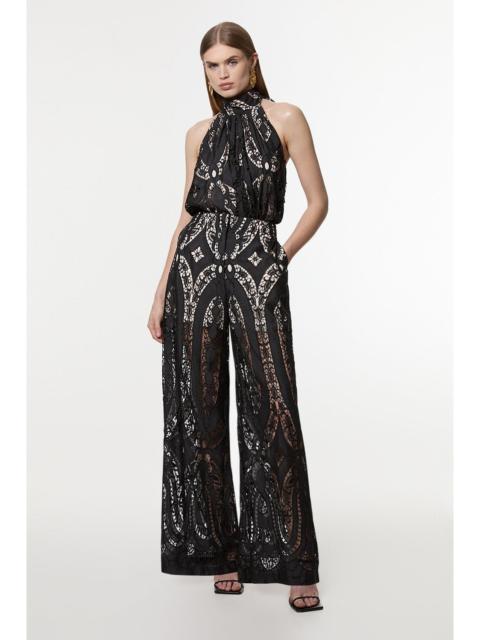 KAREN MILLEN Tall Sheer Georgette Cutwork Woven Wide Leg Trouser