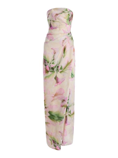 Monique Lhuillier Floral-Print Ruched Silk Gown multi