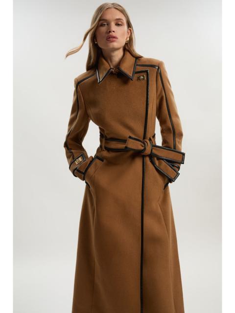 KAREN MILLEN Brushed Wool Pu Trim Belted Tailored Double Breasted Midi Coat