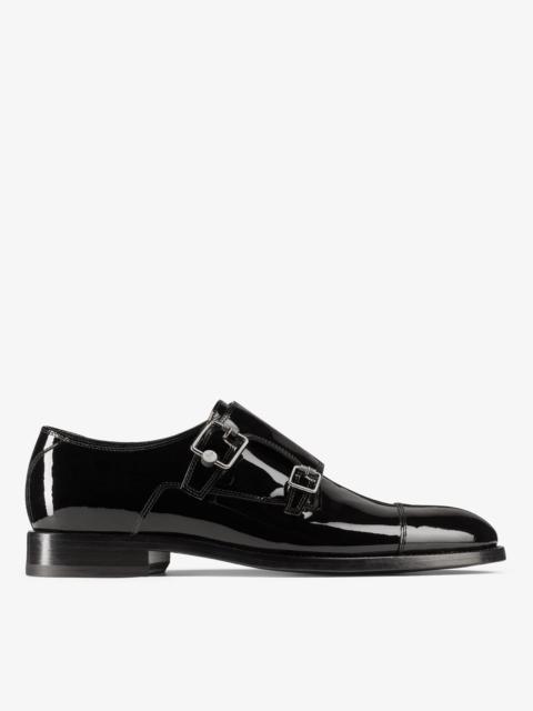 JIMMY CHOO Finnion Monkstrap
Black Patent Leather Monk Strap Shoes with Studs