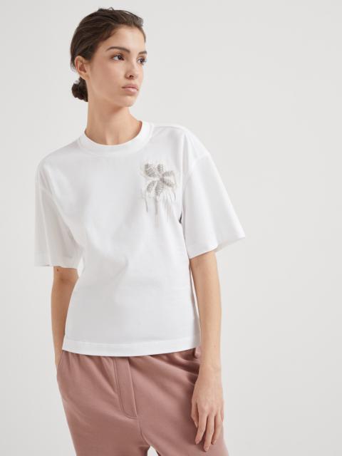 Cotton jersey T-shirt with precious flower crest