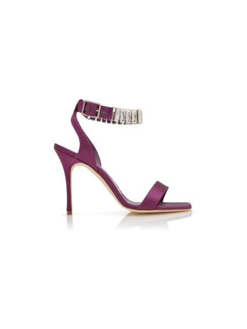 Manolo Blahnik Dark Purple Satin Crystal Embellished Sandals