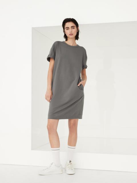 Stretch cotton lightweight French terry dress with shiny cuff detail