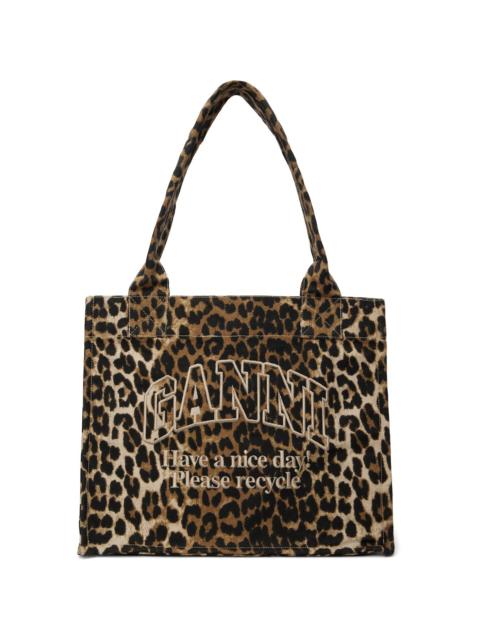 GANNI Brown Leopard Large Canvas Tote