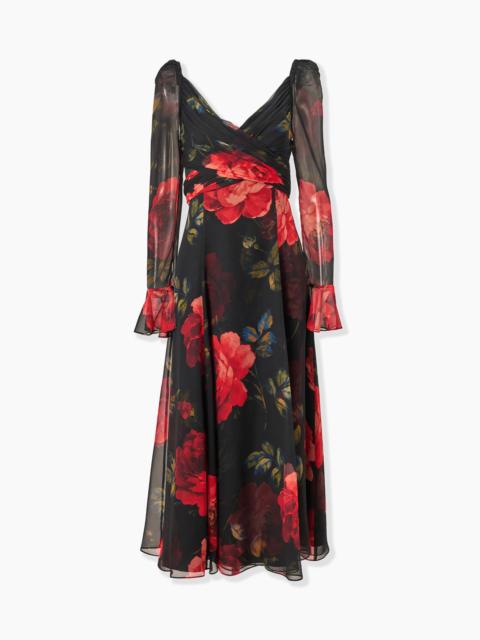 CAROLINA HERRERA Rose-Print Chiffon V-Neck Midi Dress