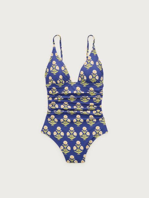 J.CREW Ruched V-neck one-piece in marigold block print