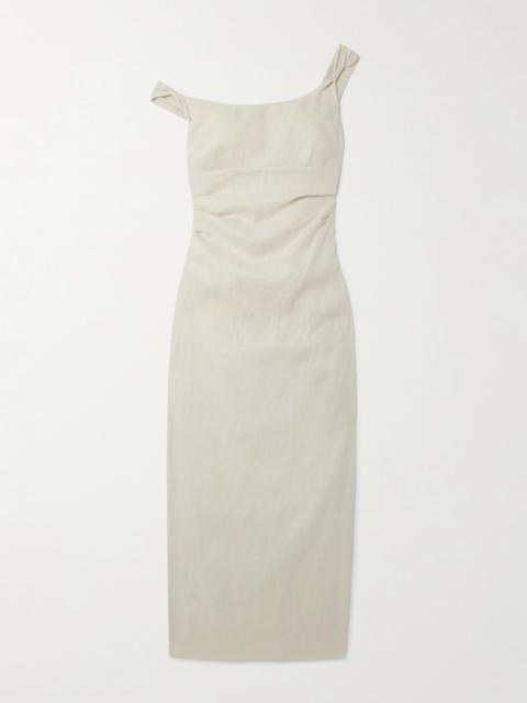 SIR. Twisted Gathered Linen Midi Dress