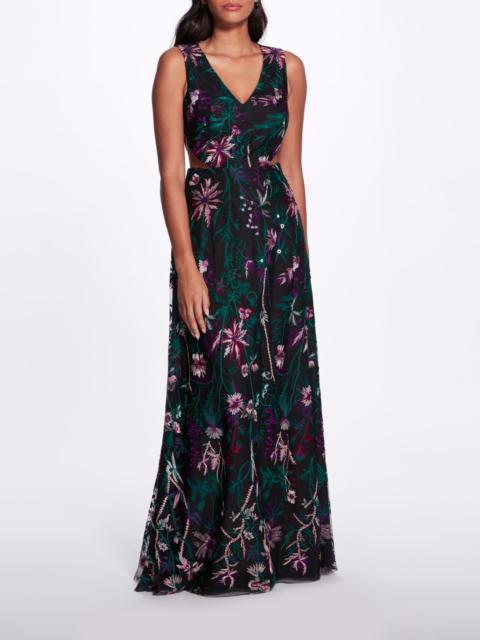 Marchesa KEYHOLE BACK FLORAL GOWN