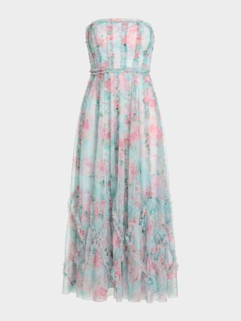 MAC DUGGAL Strapless Ruffle-Trim Floral Mesh Midi Dress
