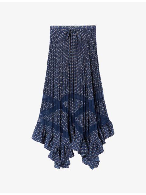 Claudie Pierlot Pleated Tile-Print Woven Maxi Skirt