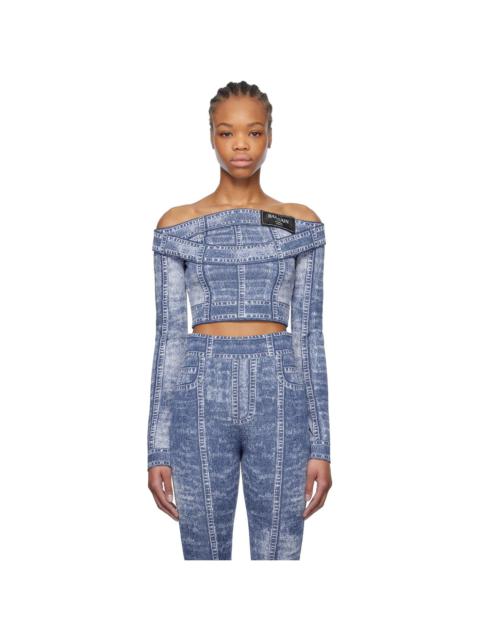 Balmain Blue Double Collar Denim Trompe L'oeil Top