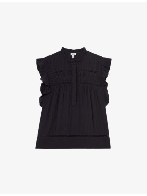 REISS Florie Ruffle-Neck Cheesecloth Cotton Top