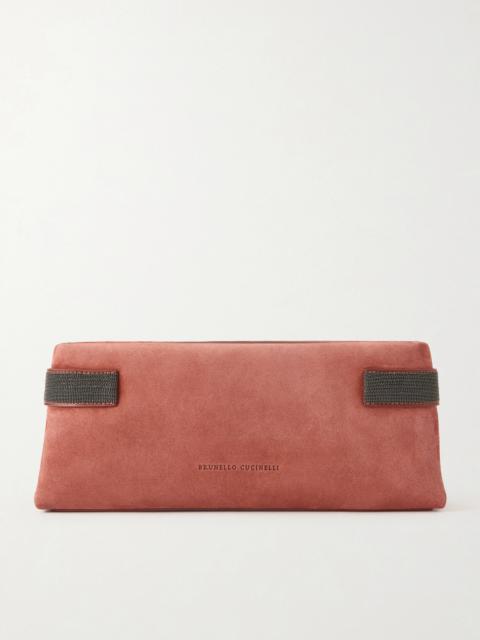 Brunello Cucinelli Essence Bead-embellished Leather-trimmed Suede Clutch
