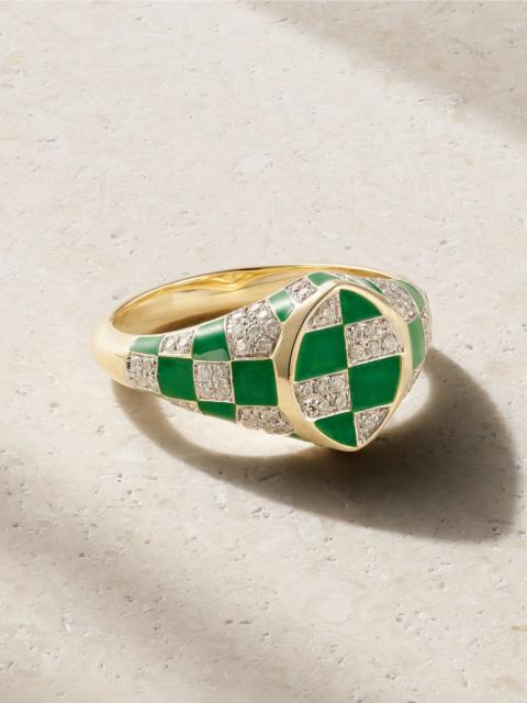 Yvonne Léon Baby Chevalière Marquise 9-karat yellow and white gold, enamel and diamond signet ring Gold