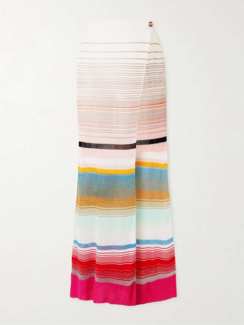 Striped metallic crochet-knit maxi wrap skirt