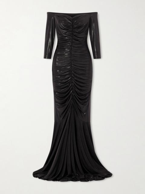 NORMA KAMALI Off-shoulder Ruched Stretch-lamé Gown