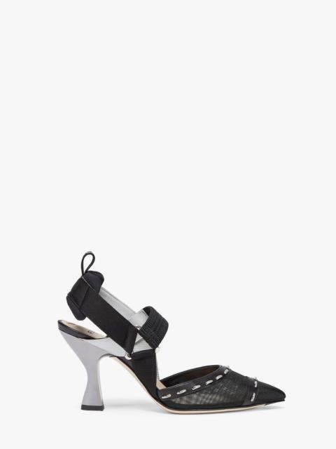 FENDI Black mesh, high-heel slingbacks with metal stitches