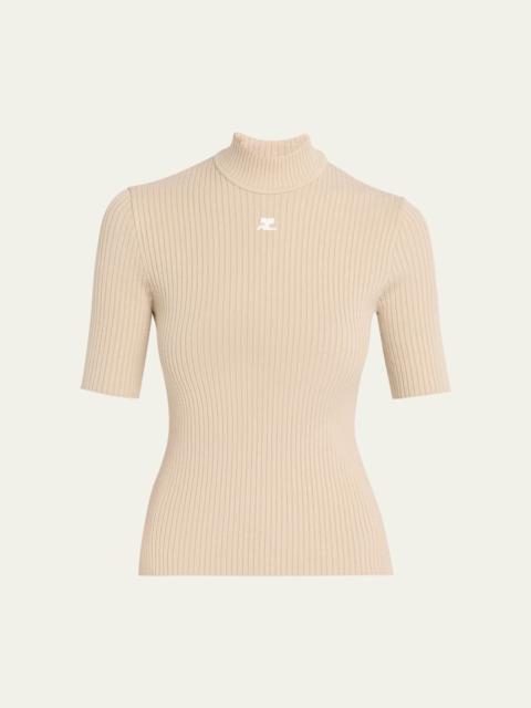 courrèges Mock-Neck Short-Sleeve Rib Pullover
