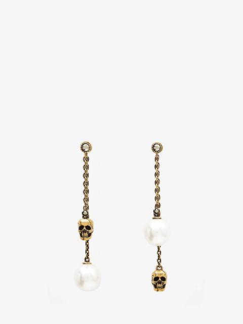 Alexander McQueen Pearl-like Skull Chain Drop Earring in Antique Gold