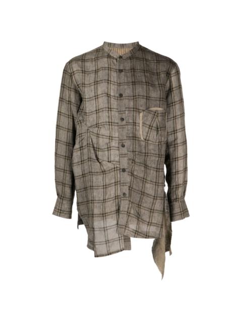check-pattern panelled linen shirt