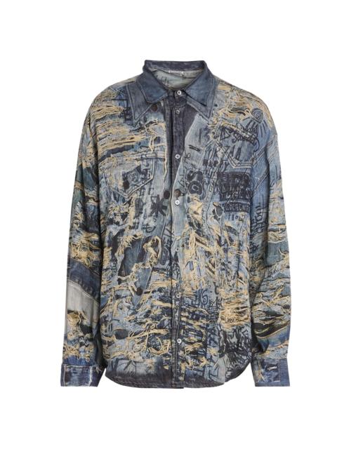 Acne Studios Men's Setar Torn Scribble Printed Linen Shirt - Denim Blue