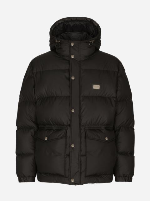 Nylon down jacket with hood and branded tag