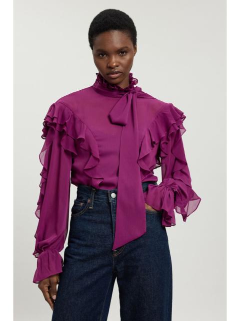 KAREN MILLEN Ruffle Front Crinkle Georgette Pussy Bow Blouse