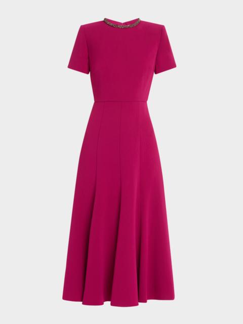 ROLAND MOURET Diamante Neck Light Cady Midi Dress