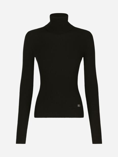 Dolce & Gabbana Ribbed cashmere and silk turtleneck with DG logo