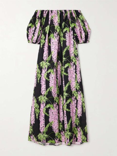 Zaza belted off-the-shoulder floral-print linen maxi dress