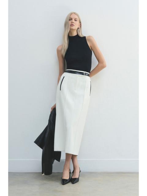 KAREN MILLEN Forever Compact Stretch & PU Turn Lock Detail Tailored Midi Pencil Skirt
