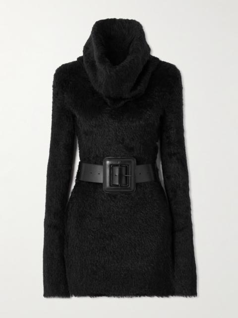 BALENCIAGA Belted Brushed-knit Turtleneck Mini Dress