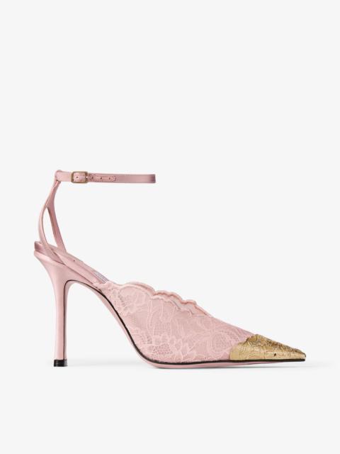 JIMMY CHOO Faiz 100
Rose Jimmy Choo Lace Pumps with Metal Lace Detail