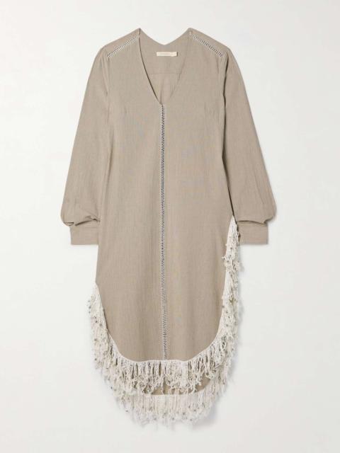 diotima Una oversized fringed bead-embellished checked organic cotton midi dress Beige