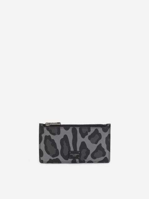 Dolce & Gabbana Dauphine calfskin card holder with leopard print against a gray background