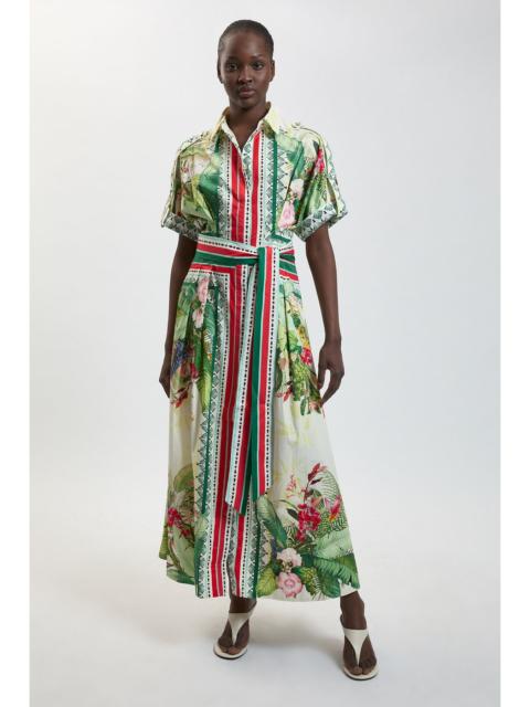KAREN MILLEN Cotton Sateen Floral Woven Belted Maxi Shirt Dress