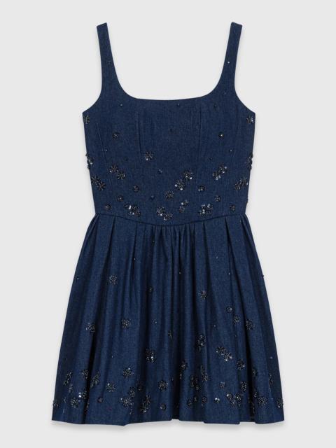 maje Flared embroidered denim dress
