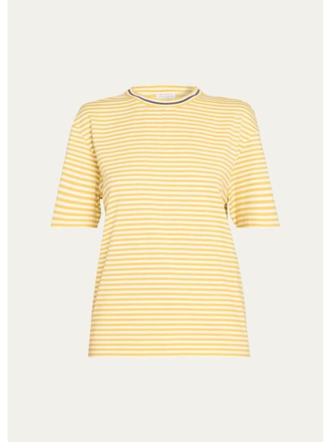 Brunello Cucinelli Monili Trim Striped Cotton T-Shirt