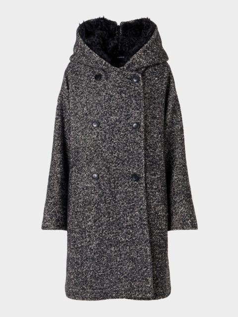 AKRIS Lamb Shearling Collar Double-Breasted Wool Herringbone Coat