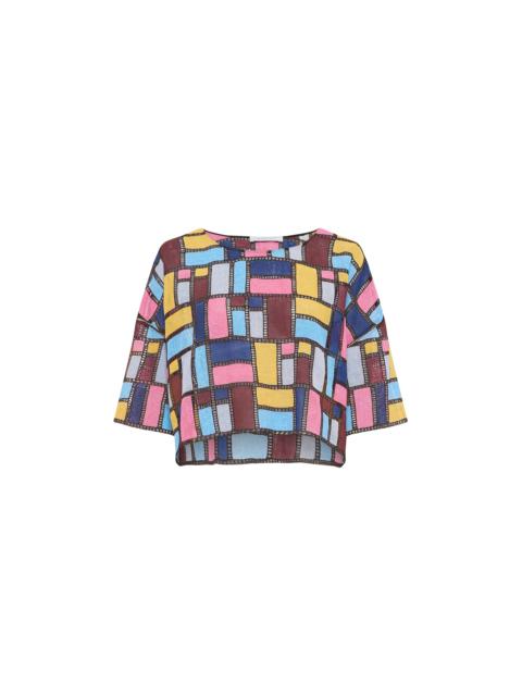 GABRIELA HEARST Tatia Patchwork Embroidered Cropped Top in Aurora Multi Linen
