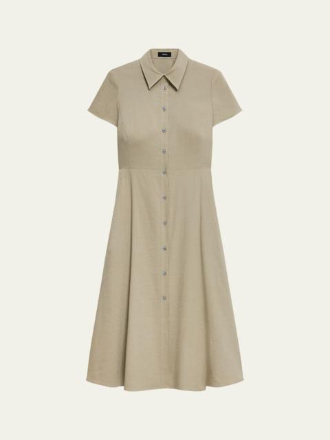 Theory Good Linen Short-Sleeve Button-Front Midi Shirt Dress