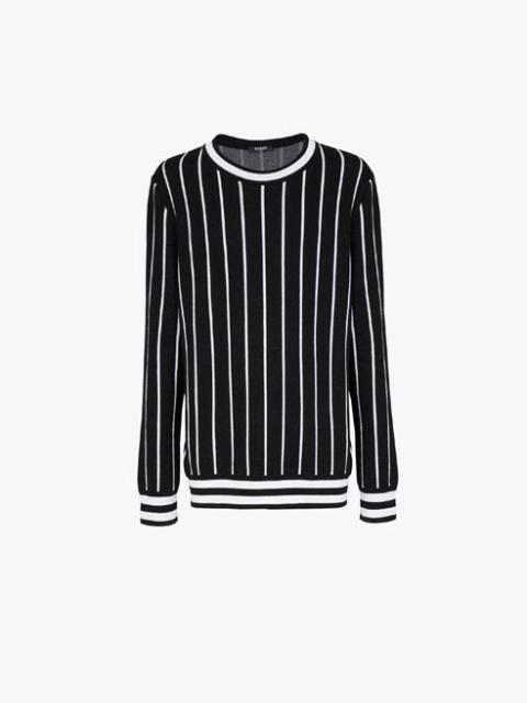Balmain Striped black cotton sweater with white Balmain Paris logo