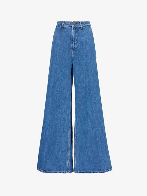 Contrast-stitch wide-leg mid-rise recycled denim jeans