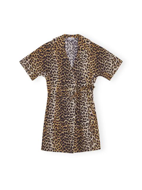 GANNI LEOPARD PRINTED COTTON WRAP MINI DRESS