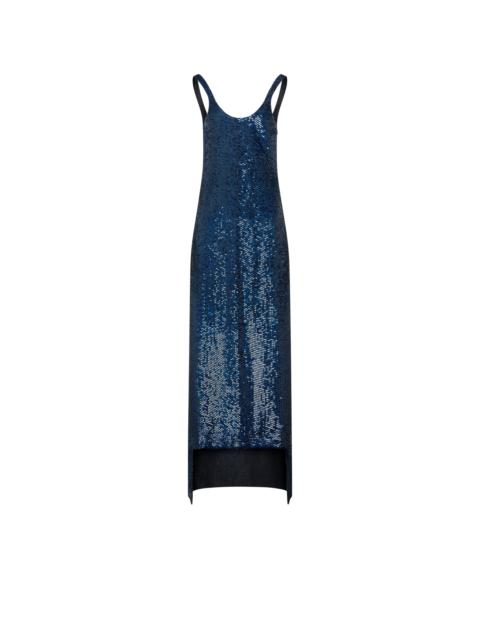 SEQUINS EMBROIDERED SILK SLEEVELESS ASYMMETRIC EVENING DRESS